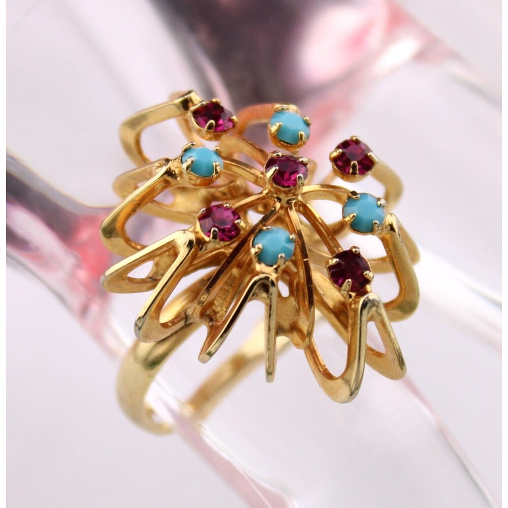 Vintage Ruby Red Turquoise Rhinestone Filigree Star Adjustable Statement Ring